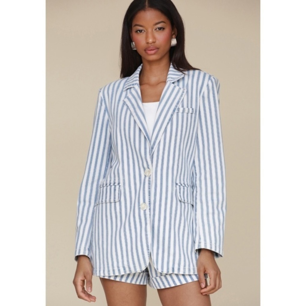 New Avec Les Filles Striped Cotton Blazer Blue White XS $149
